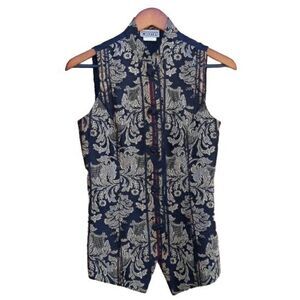 Vtg 80's Vest Artsy Tang Suit Mandarin Jacquard Metallic Fleur De Lis Tunic Sz M